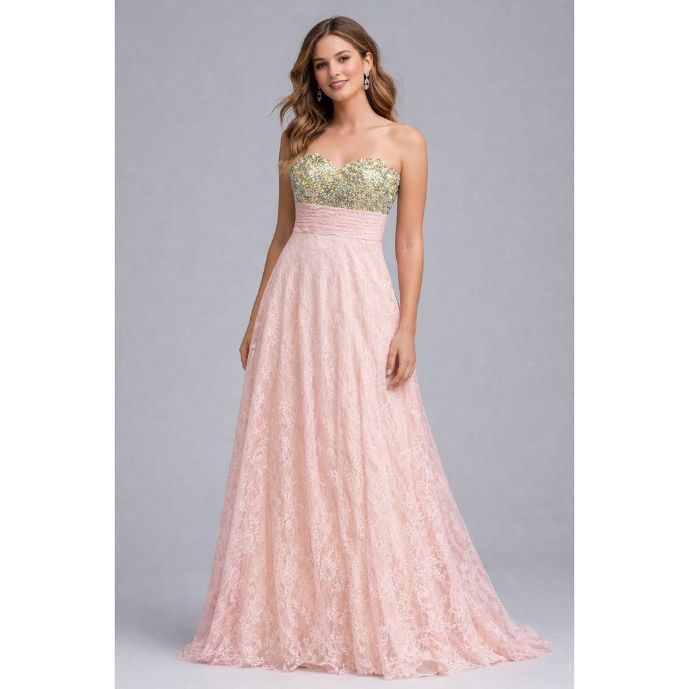 WB11 Le Femme Blush Pink Lace Prom Dress Size 0 Strapless Sequin Open Back Gown‎